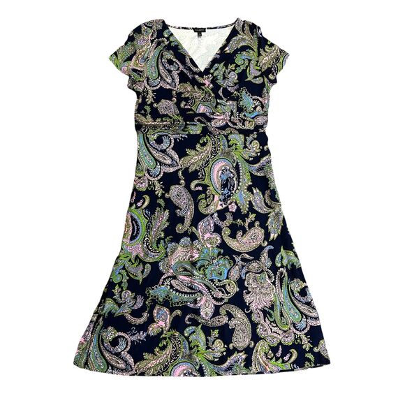 Talbots Navy Multi Paisley Surplice V-Neck SS Fit and Flare Midi Dress Size M - Picture 2 of 11